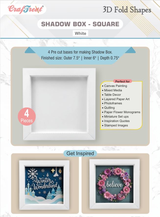 CrafTreat 3D Fold Shapes - Shadow Box White - Square 4pcs